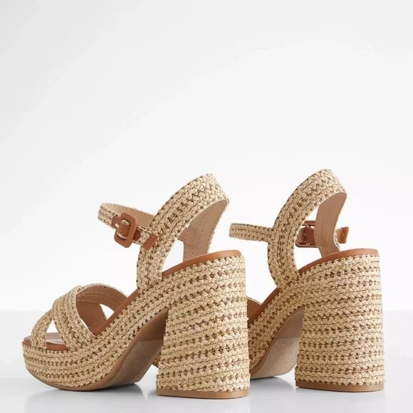 New Tan Raffia Espadrille Chunky Block Heel Platform Sandal Open Toe Ankle Strap - Picture 7 of 9